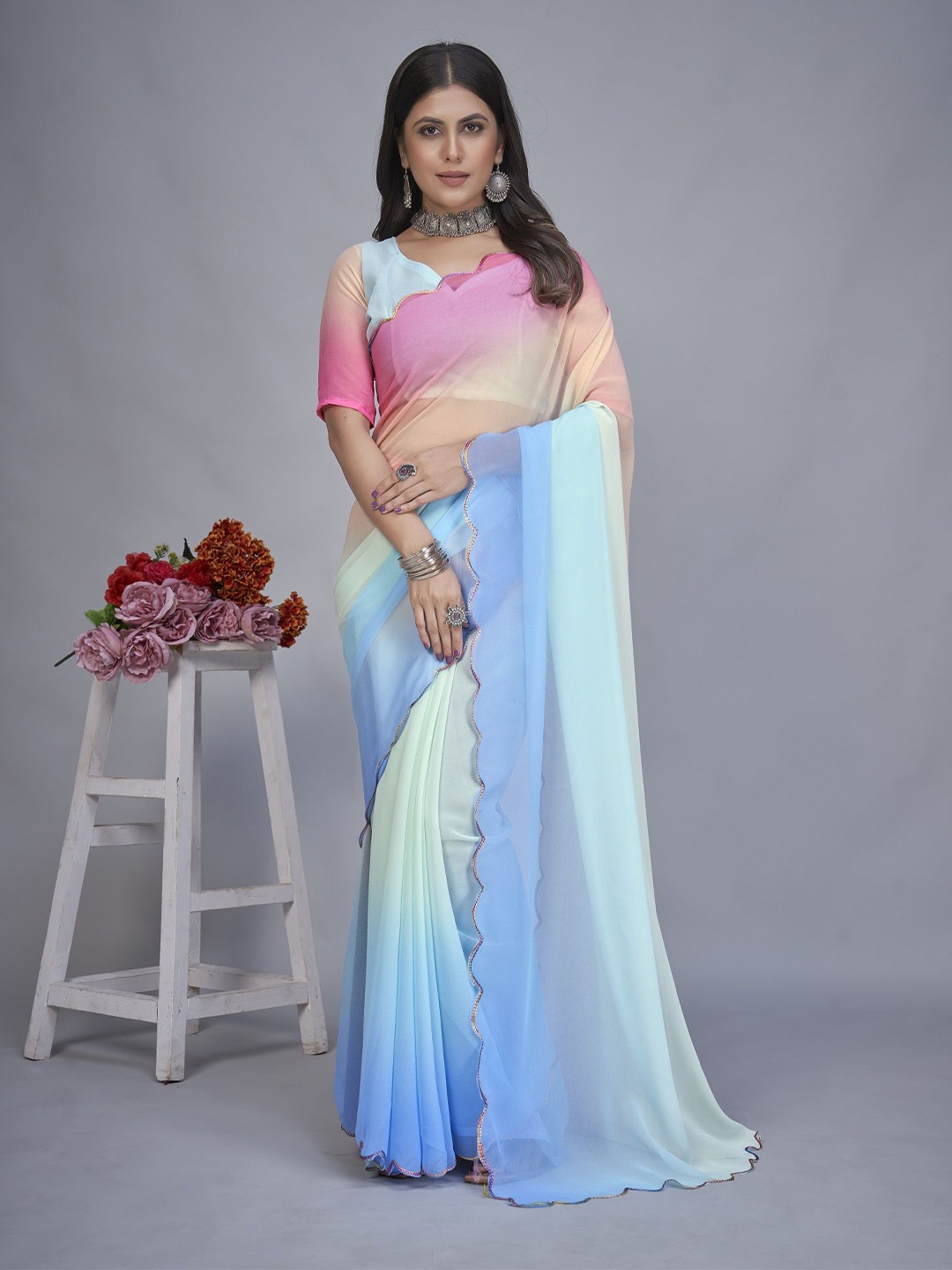 

LADY SHOPI Ombre Embroidered Pure Georgette Half and Half Saree, Turquoise blue