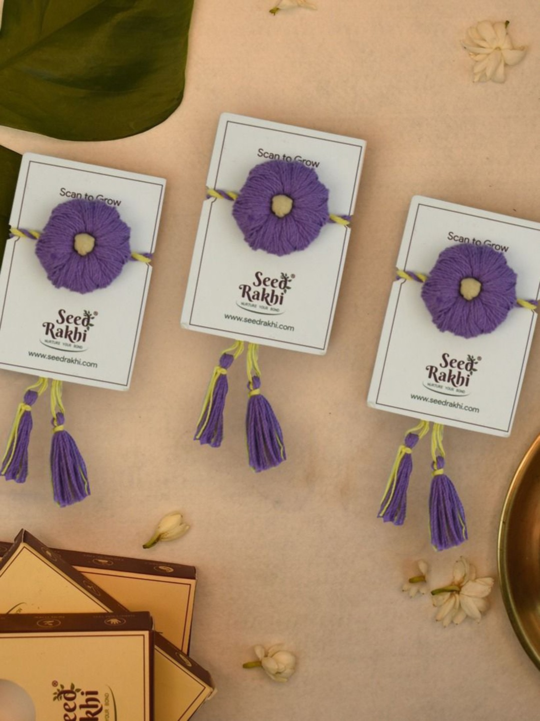 

Indigifts Set Of 3 Plantable Seed Thread Rakhi, Purple