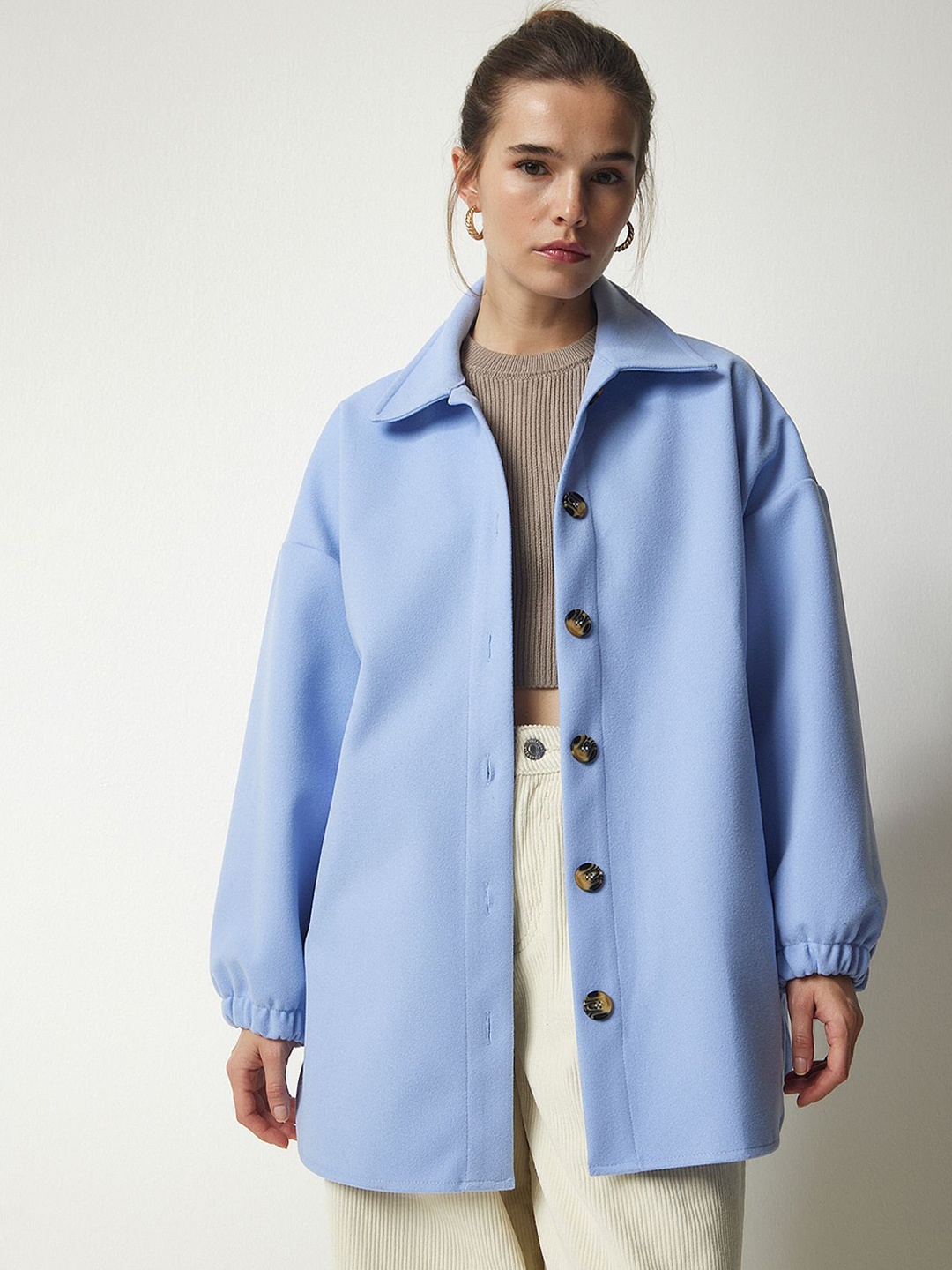 

Happiness istanbul Women Solid Longline Tailored Jacket, Blue