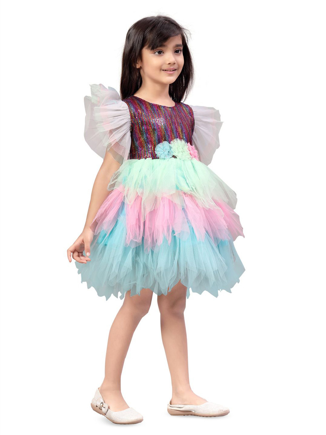

BAESD Girls Flutter Sleeve Net Fit & Flare Dress, Blue