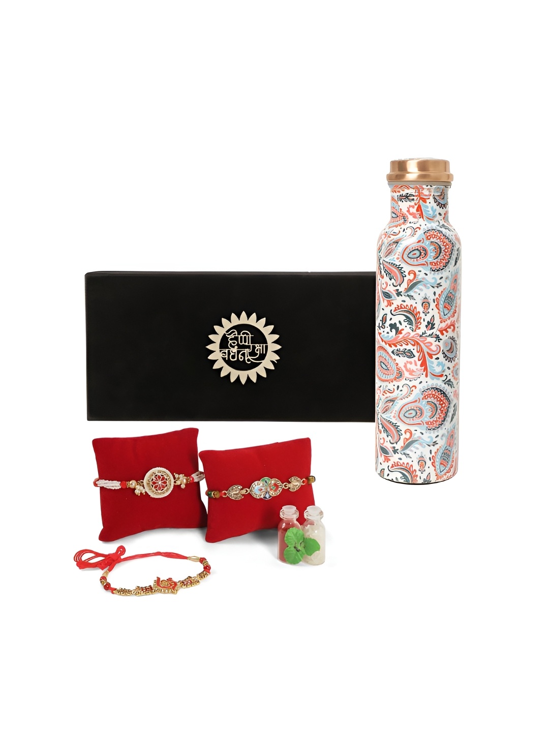 

INTERNATIONAL GIFT Set Of 4 Rakhis With Copper Water Bottle & Roli Chawal, Red