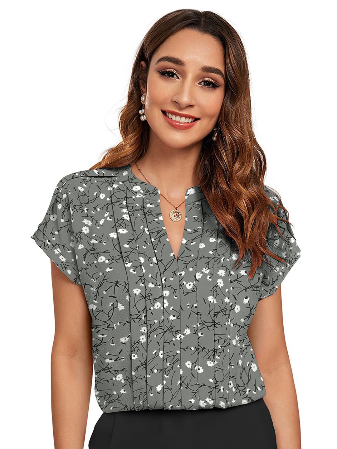 

Sitanjali Women Floral Printed Mandarin Collar Cotton Top, Grey