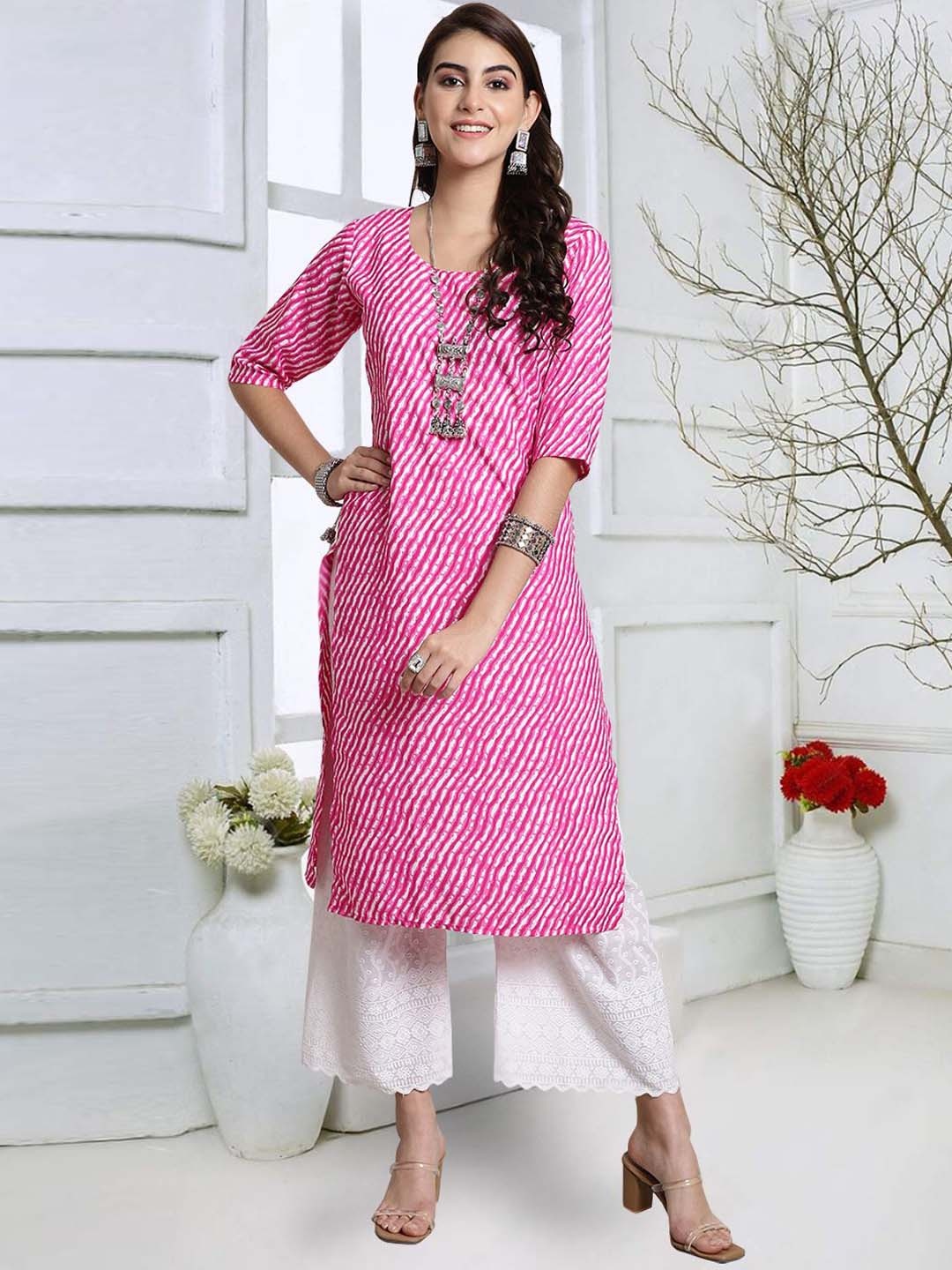 

7Threads Leheriya Printed Round Neck Crepe Straight Kurta, Pink