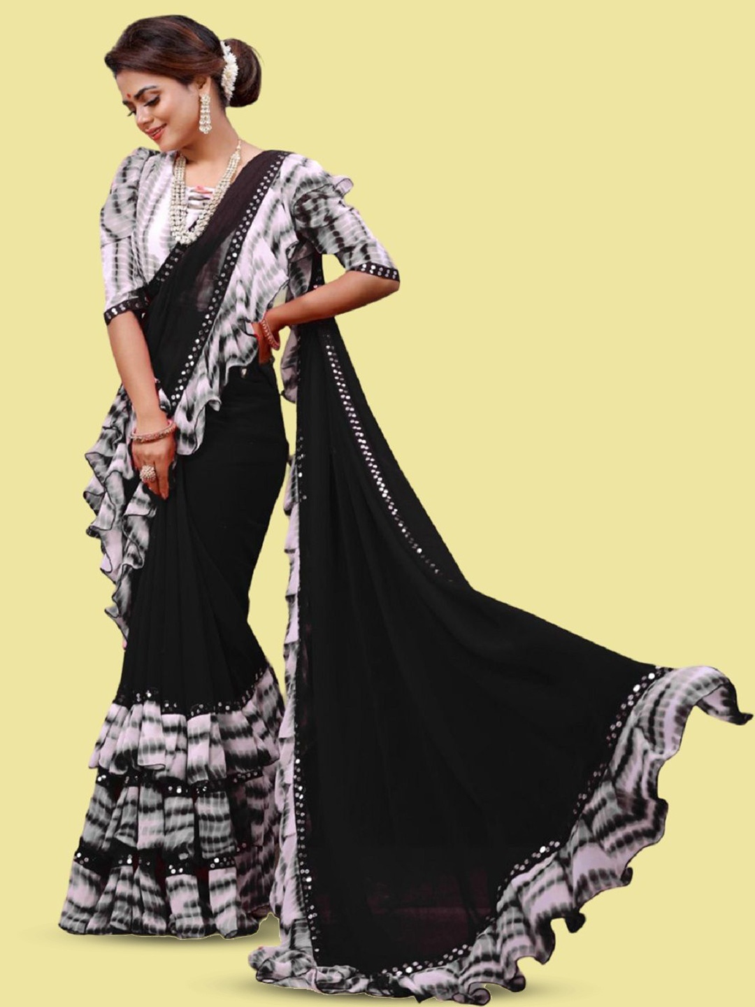 

LADY SHOPI Tie and Dye Sequinned Pure Georgette Saree, Black