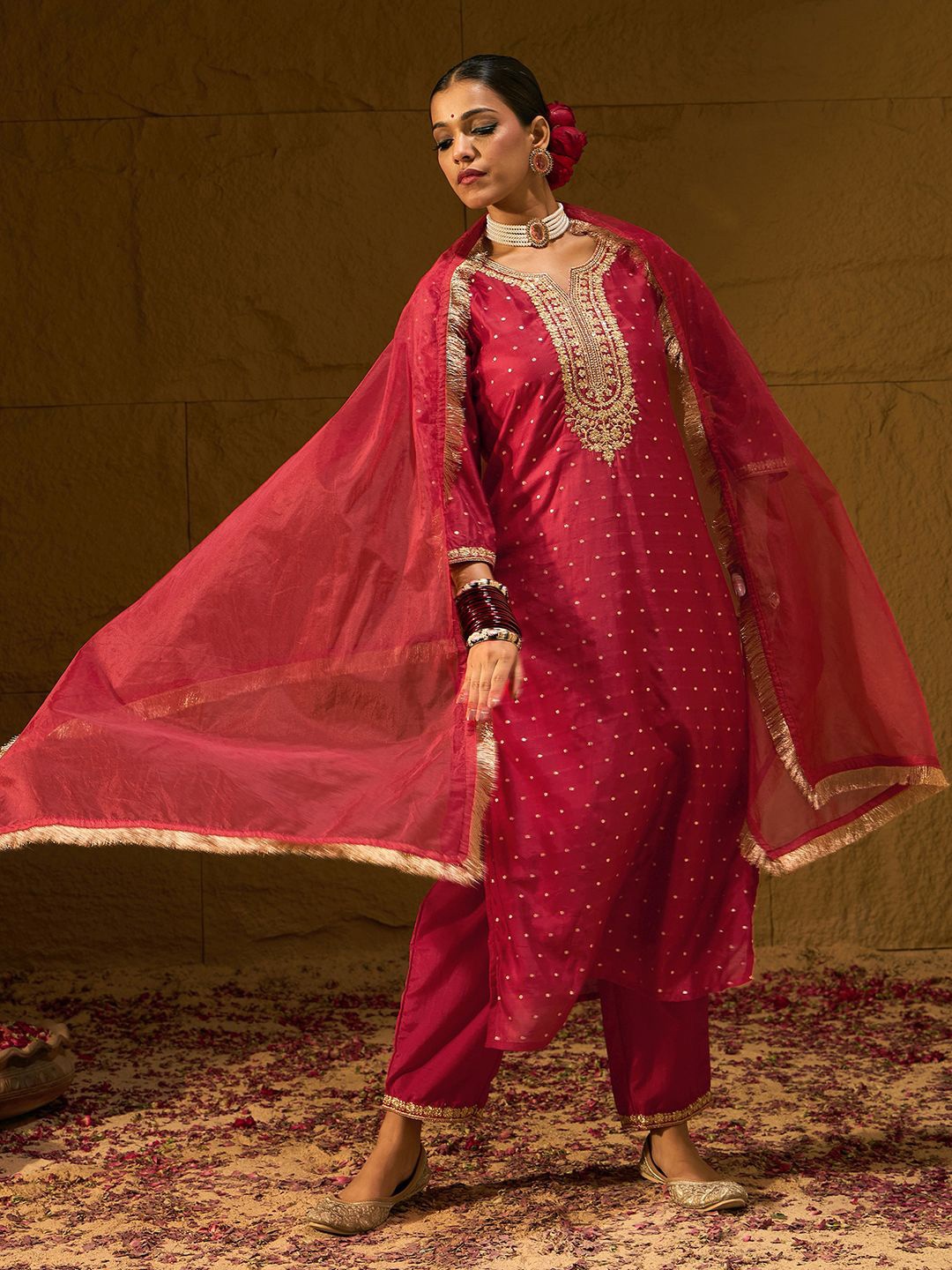 

Indo Era Ethnic Motifs Embroidered Chanderi Silk Straight Kurta With Trousers & Dupatta, Red