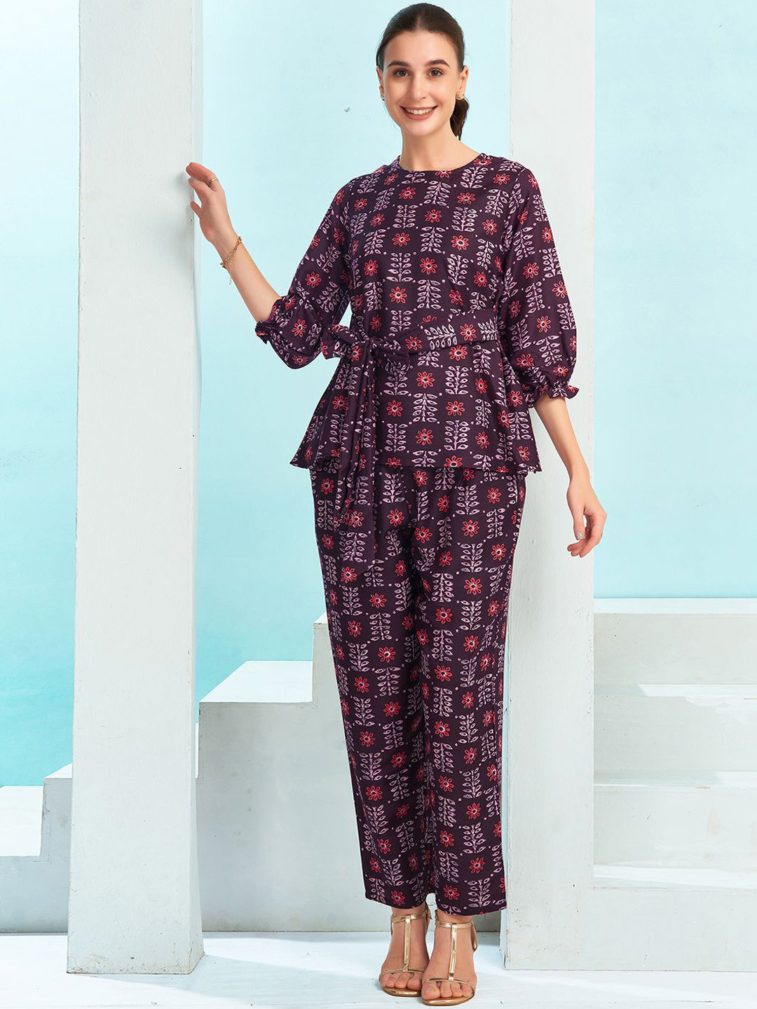 

KALINI Printed Round Neck Top With Trousers, Purple