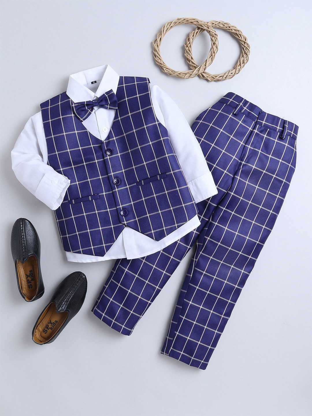 

Jeetethnics Boys Checked Shirt With Trousers And Waistcoat, Navy blue