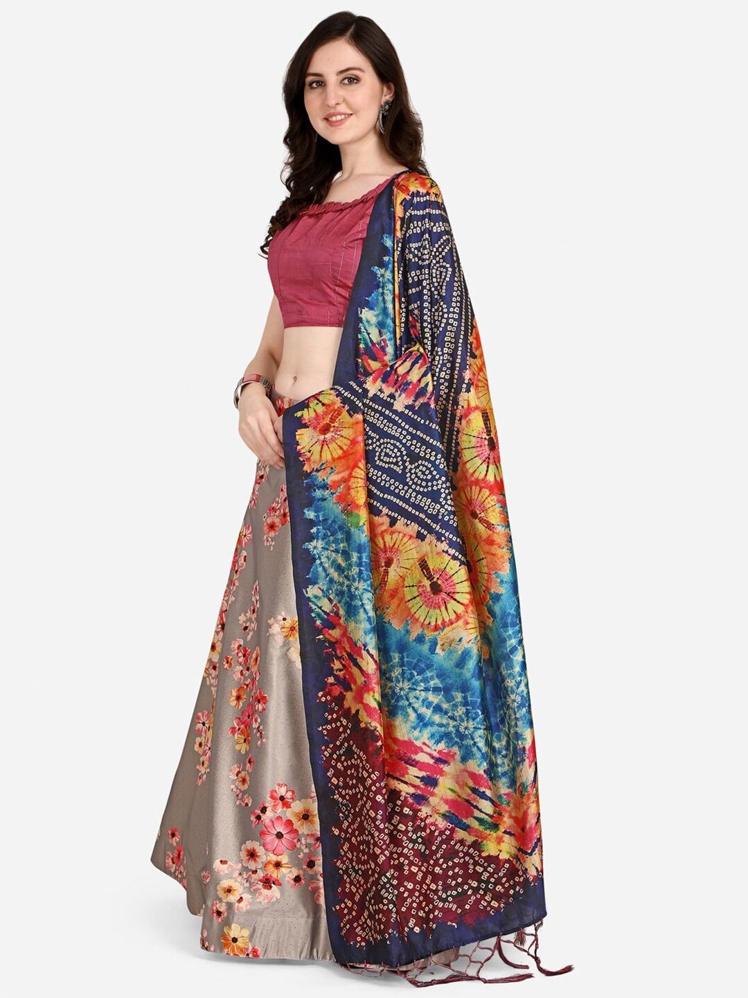 

Kaizen TEXO FAB Printed Semi Stitched Lehenga & Unstitched Blouse With Dupatta, Silver