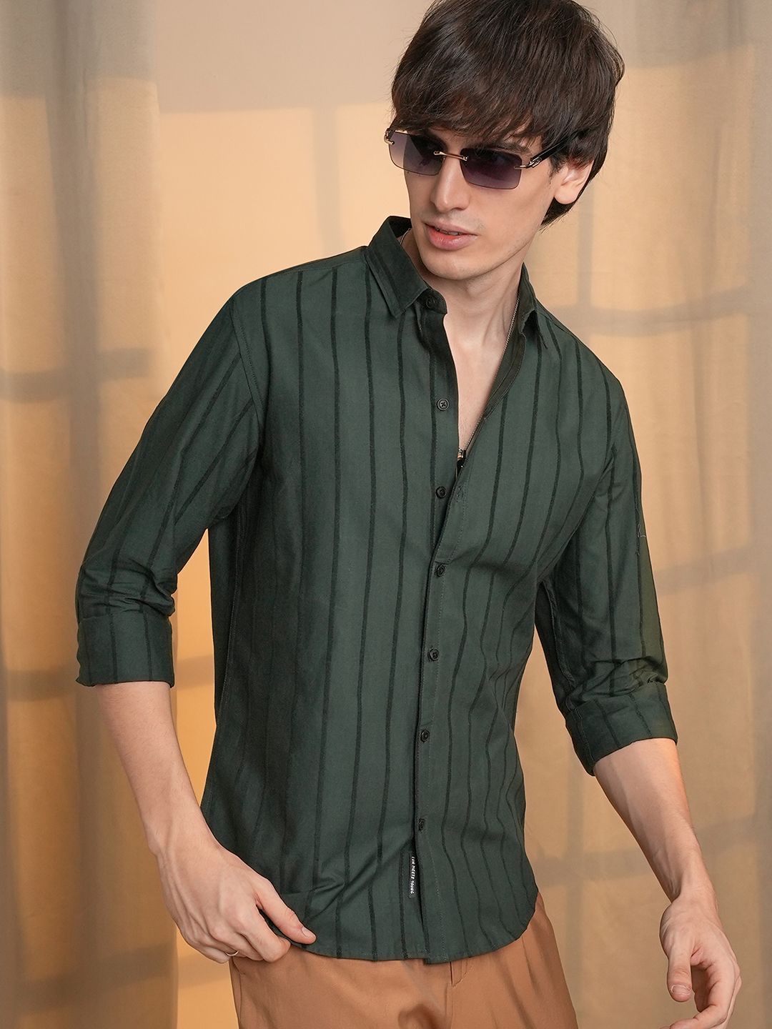 

Campus Sutra Men Comfort Spread Collar Striped Polycotton Casual Shirt, Olive