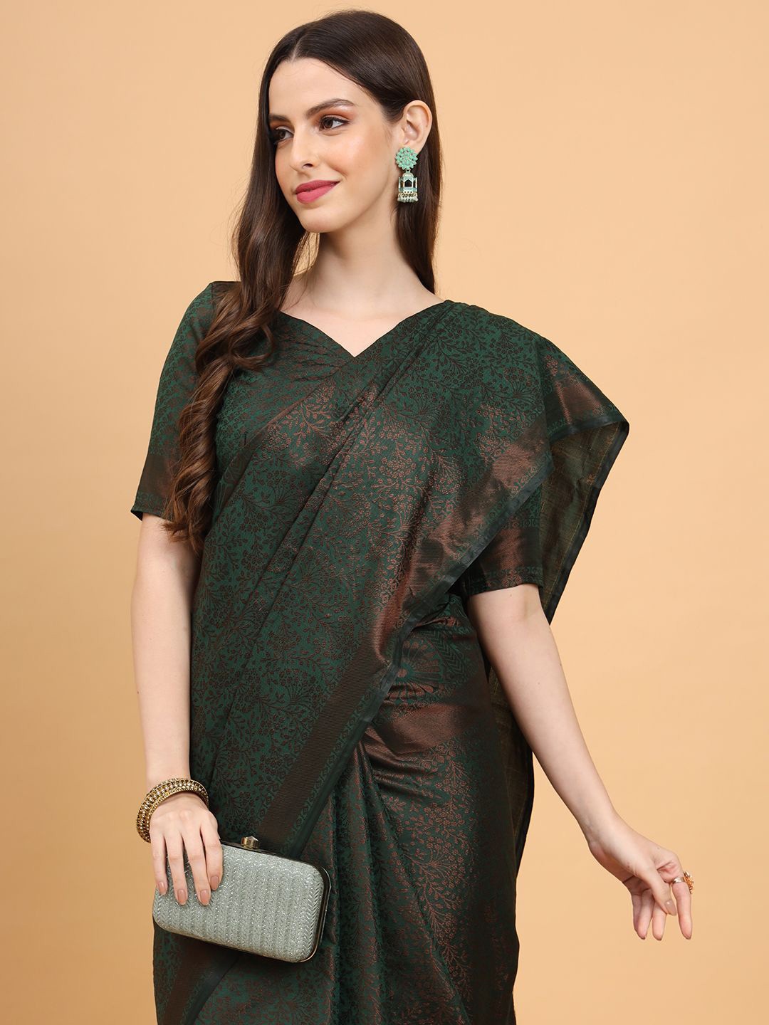 

VRAGI Ethnic Motifs Zari Kanjeevaram Saree, Green