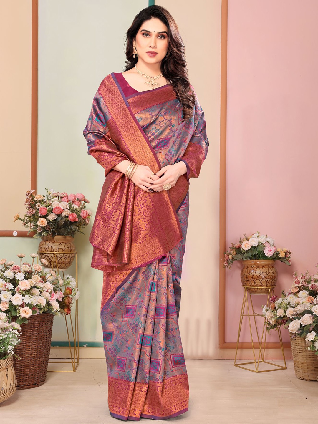 

Om Shantam Sarees Woven Design Zari Silk Blend Kanjeevaram Saree, Turquoise blue