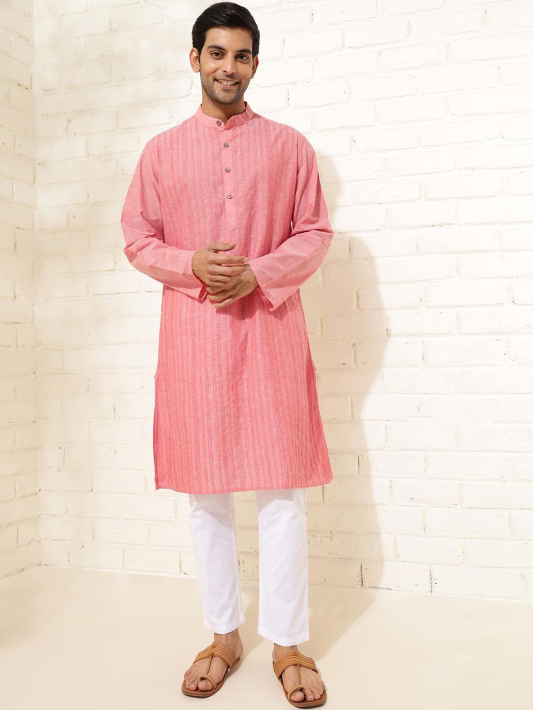 

Fabindia Striped Band Collar Thread Work Pure Cotton Comfort Fit Straight Kurta, Pink