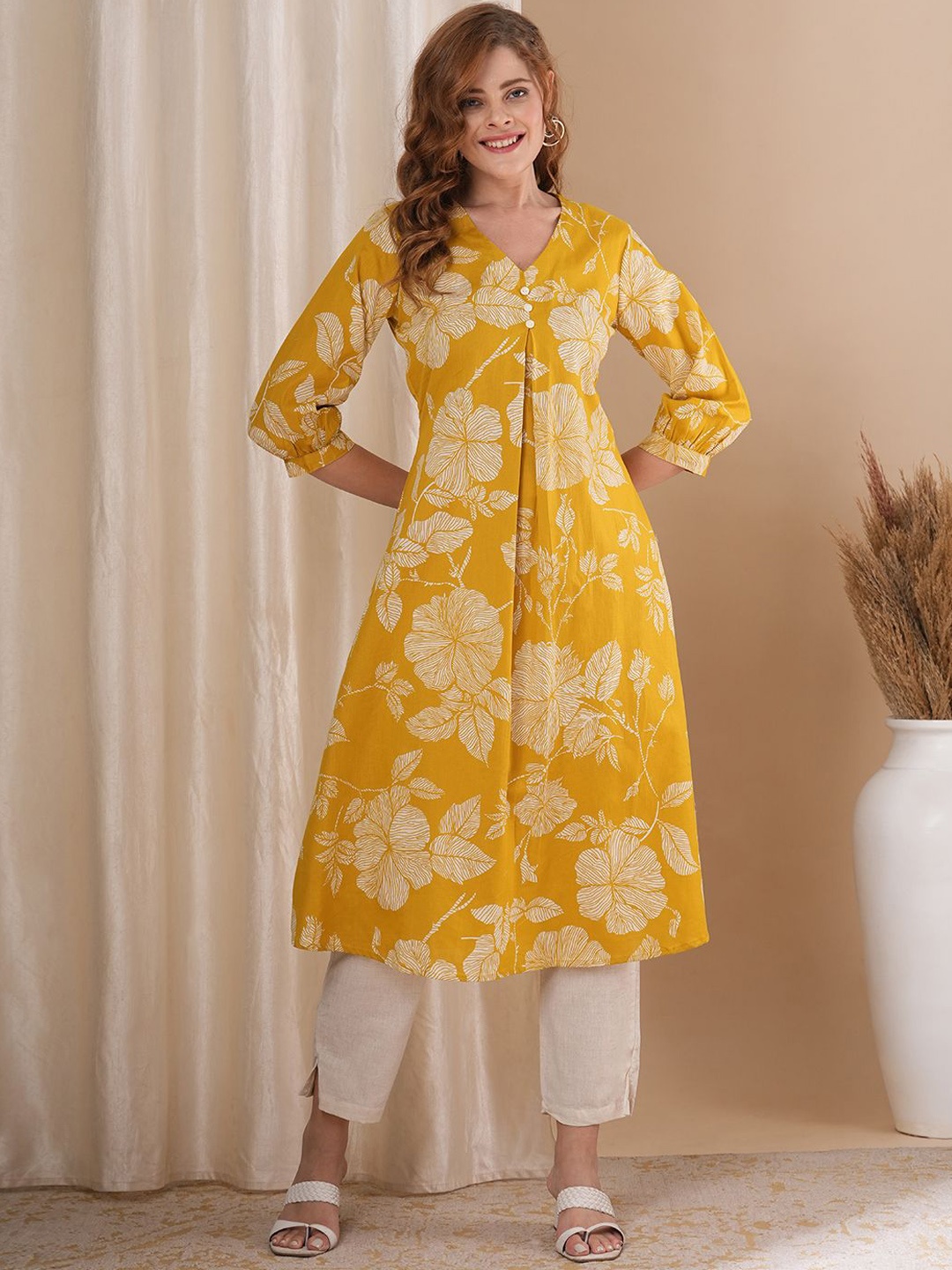 

FASHOR Floral Printed Pleated Pure Cotton A-Line Kurta With Trousers, Mustard