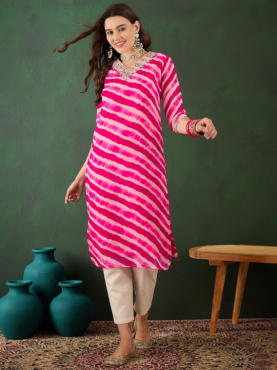 

Sangria Leheriya Prited V-Neck Mirror Work Georgette Straight Kurta, Pink