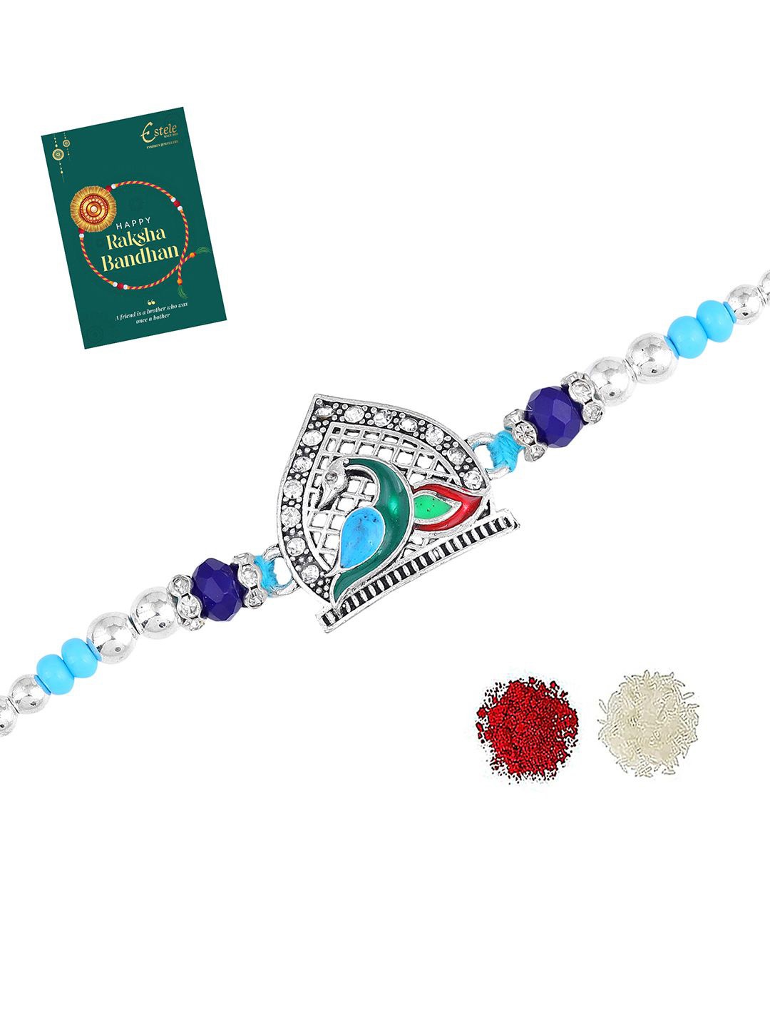 

Estele Stones Studded & Beaded Peacock Oxidized Thread Rakhi, Silver