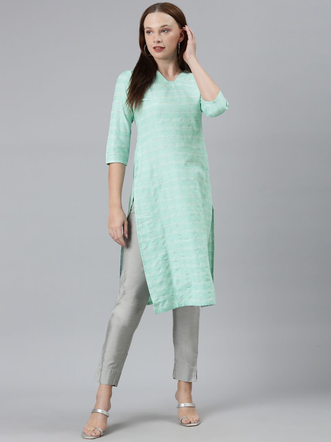 

KALINI Checked Woven Design V Neck Straight Kurta, Turquoise blue