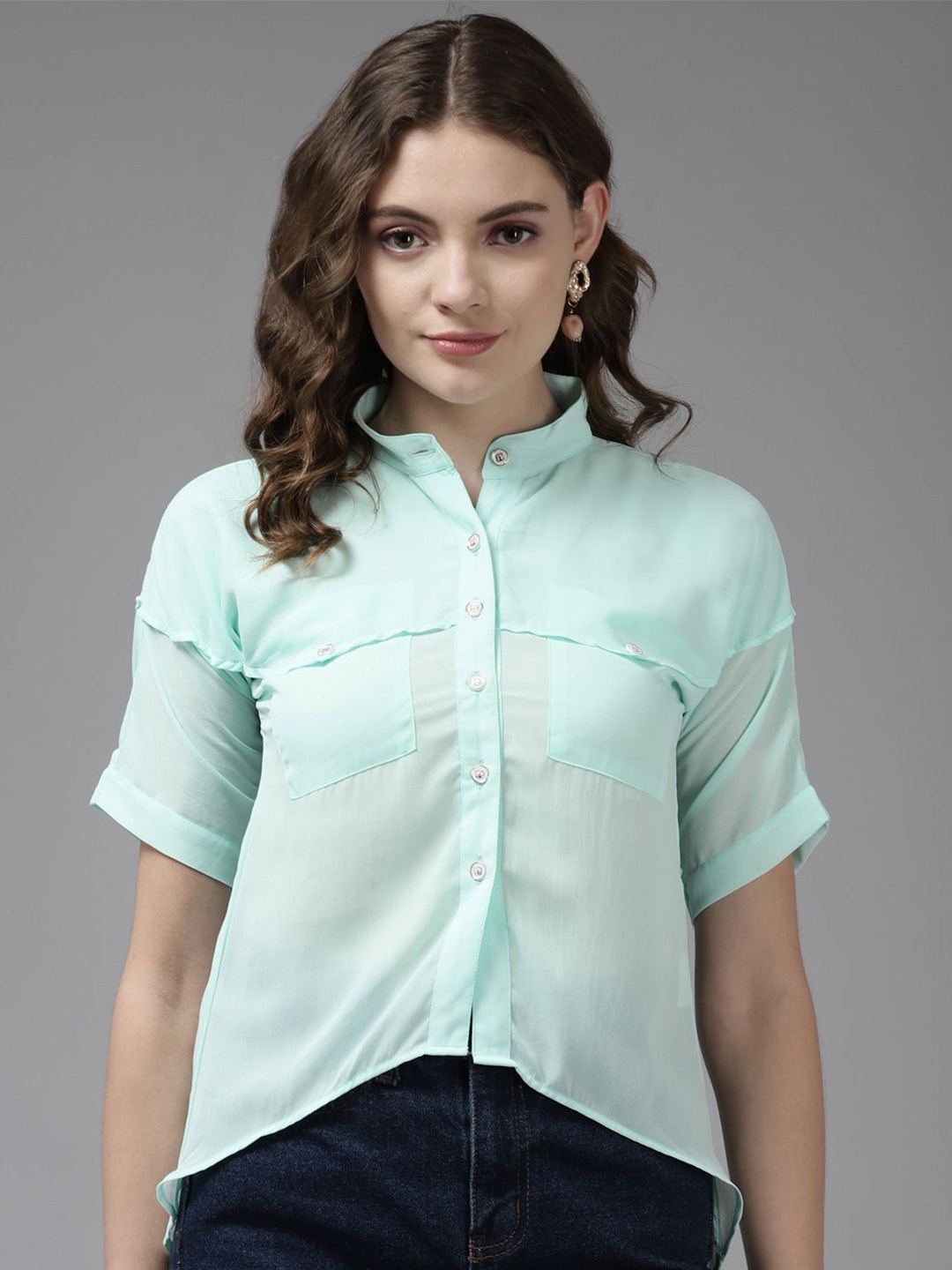 

BAESD Women Solid Mandarin Collar Top, Turquoise blue