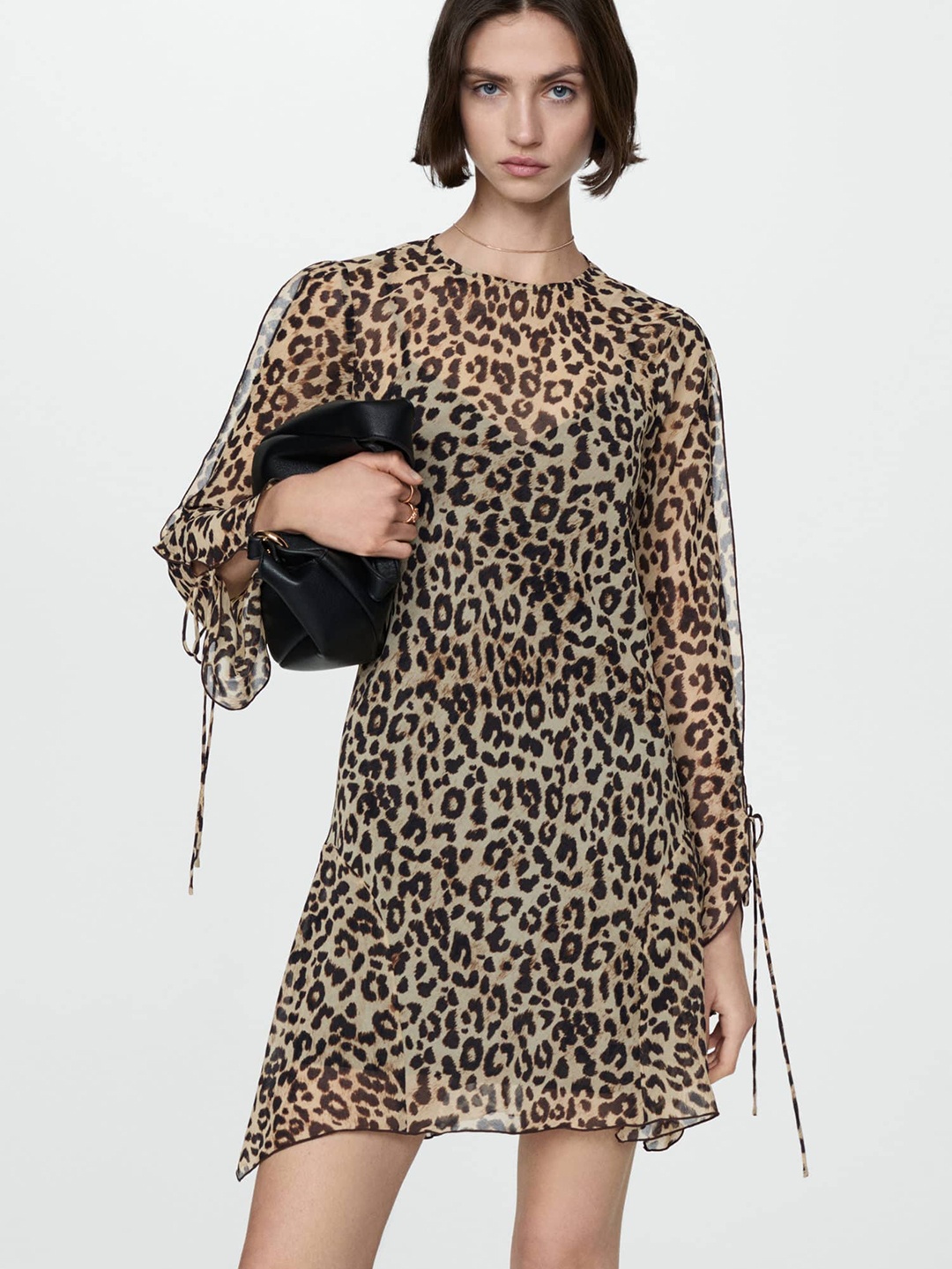 

MANGO Animal Print Puff Sleeve A-Line Mini Dress, Brown