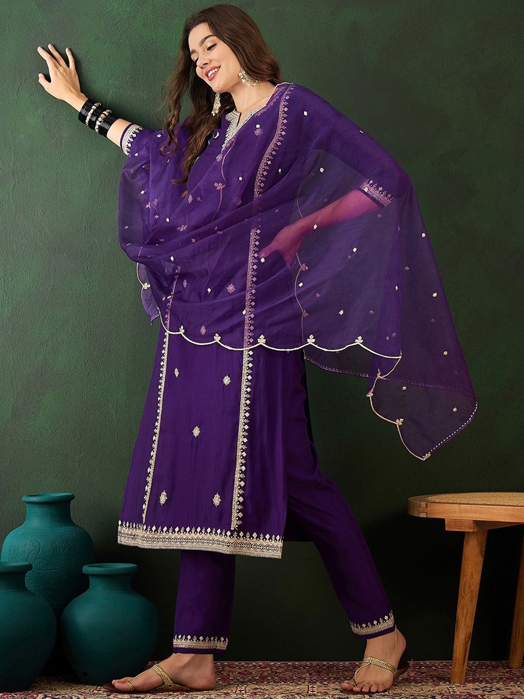 

Sangria Purple Floral Embroidered Notch Neck Kurta With Trousers & Dupatta
