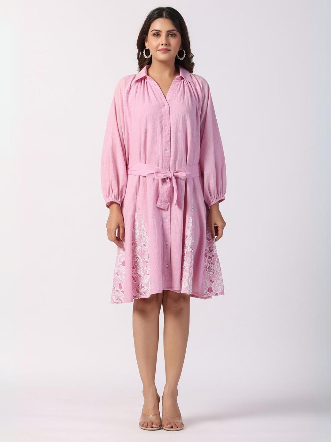

Zolo Label Floral Embroidered Cotton Shirt Dress With Belt, Pink