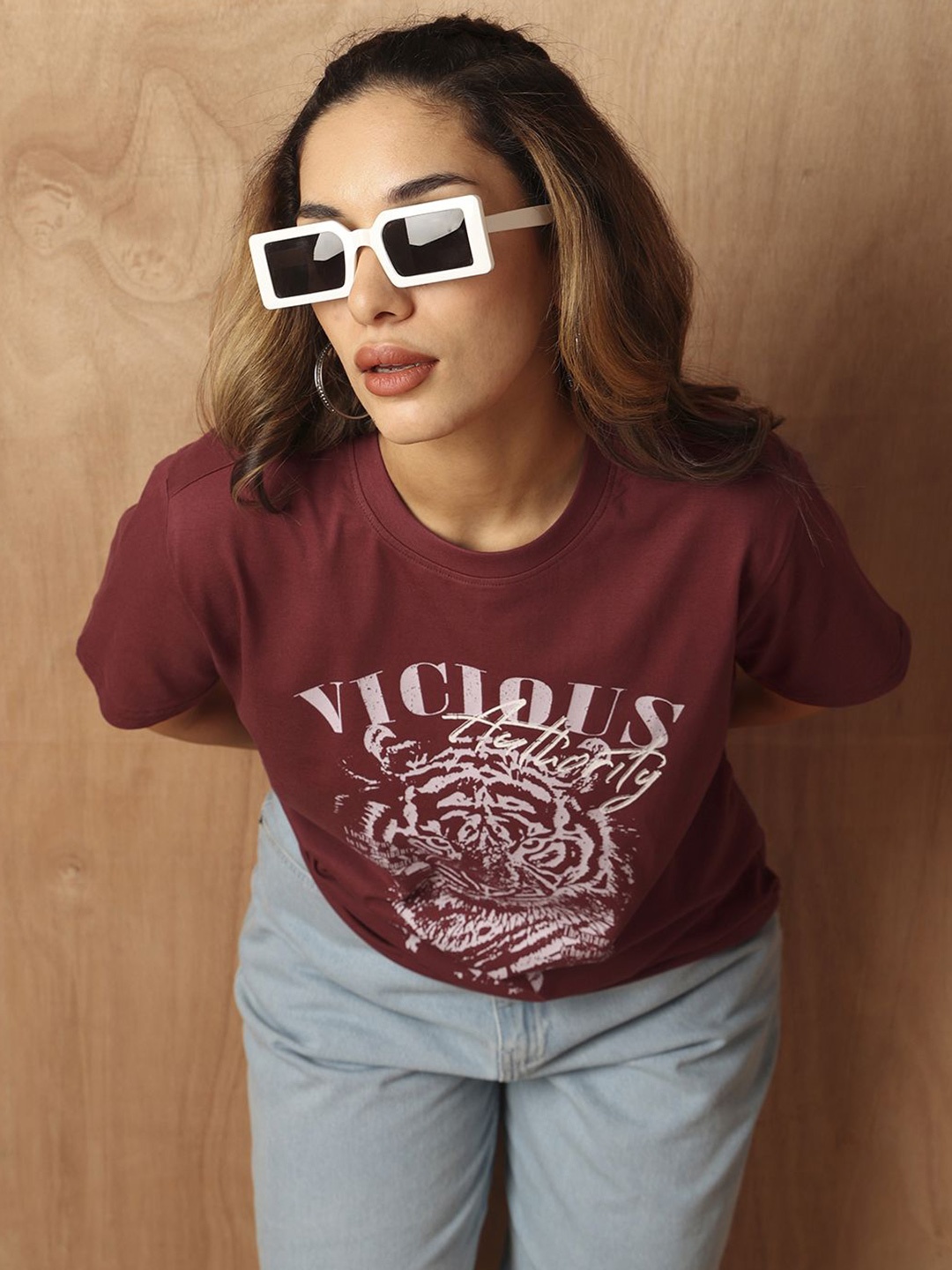 

The Roadster Lifestyle Co. Women Animal Printed Round Neck Cotton Boxy Fit T-Shirt, Maroon