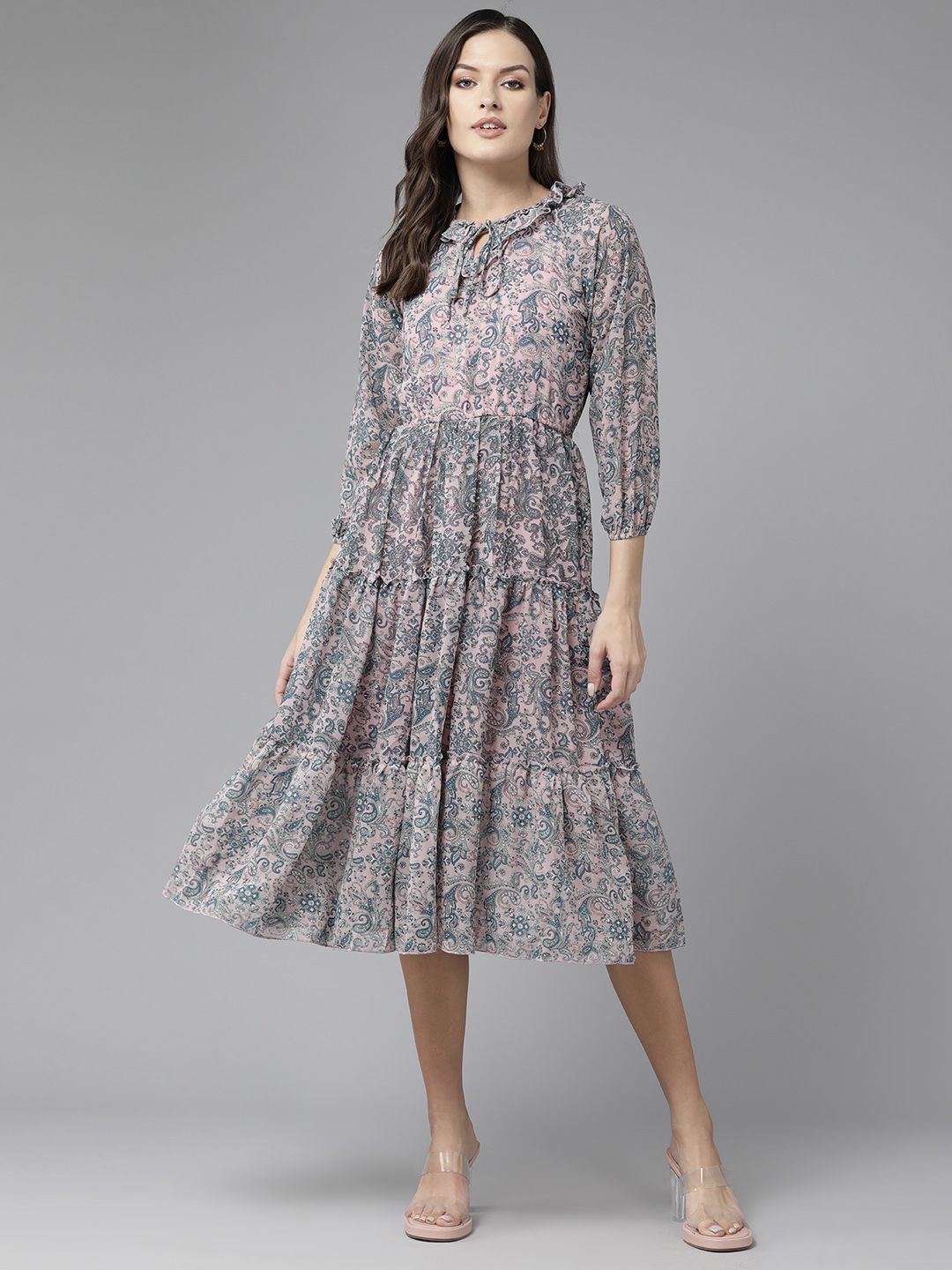 

BAESD Ethnic Motifs Printed Georgette Tiered Fit & Flare Midi Dress, Pink