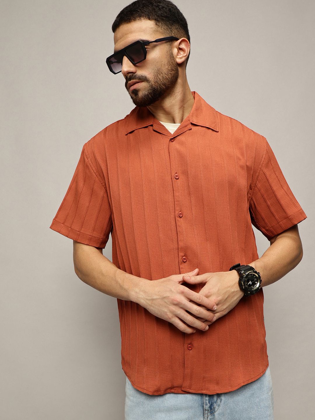 

The Lifestyle Co. Men Premium Cuban Collar Solid Cotton Oversized Casual Shirt, Rust