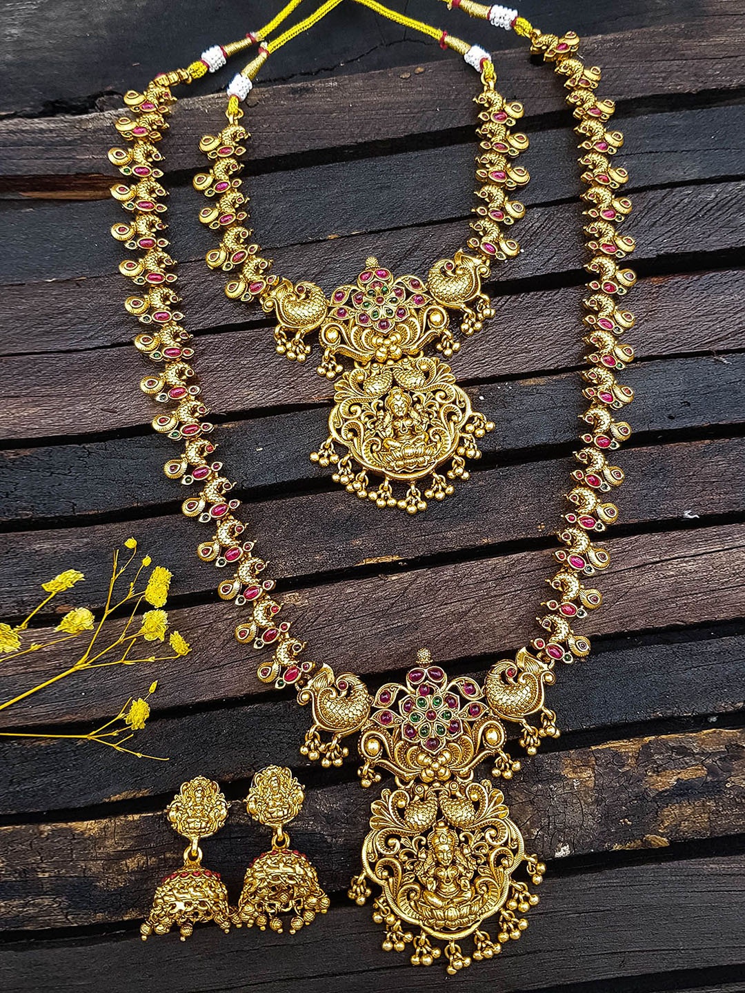 

GRIIHAM Gold Plated Cubic Zirconia Studded & Beaded Temple Jewellery Set