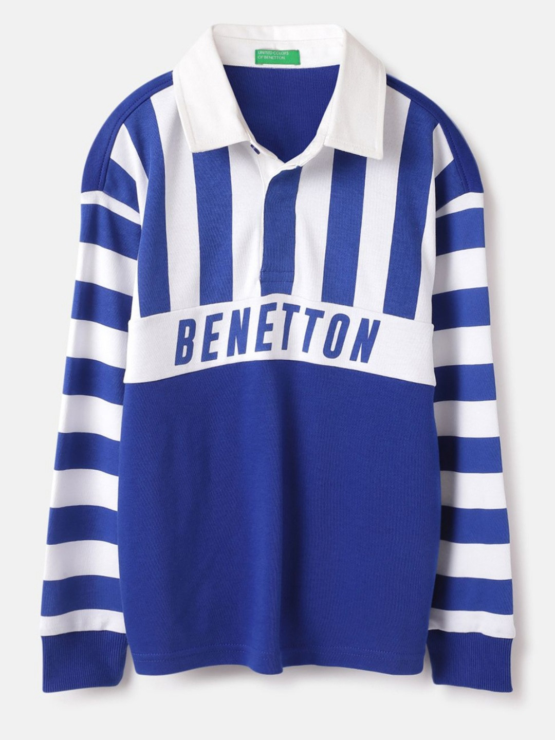 

United Colors of Benetton Boys Striped Polo Collar Pure Cotton Oversized T-Shirt, Blue