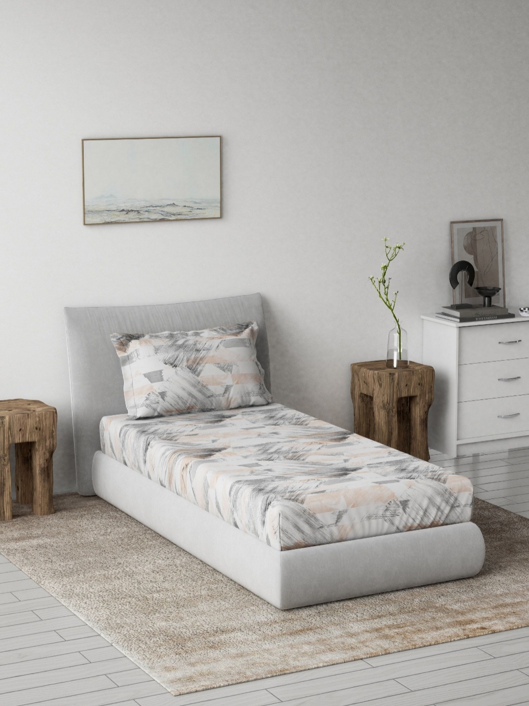 

DDecor Grey & White Abstract 144 TC Pure Cotton Single Bedsheet with 1 Pillow Cover
