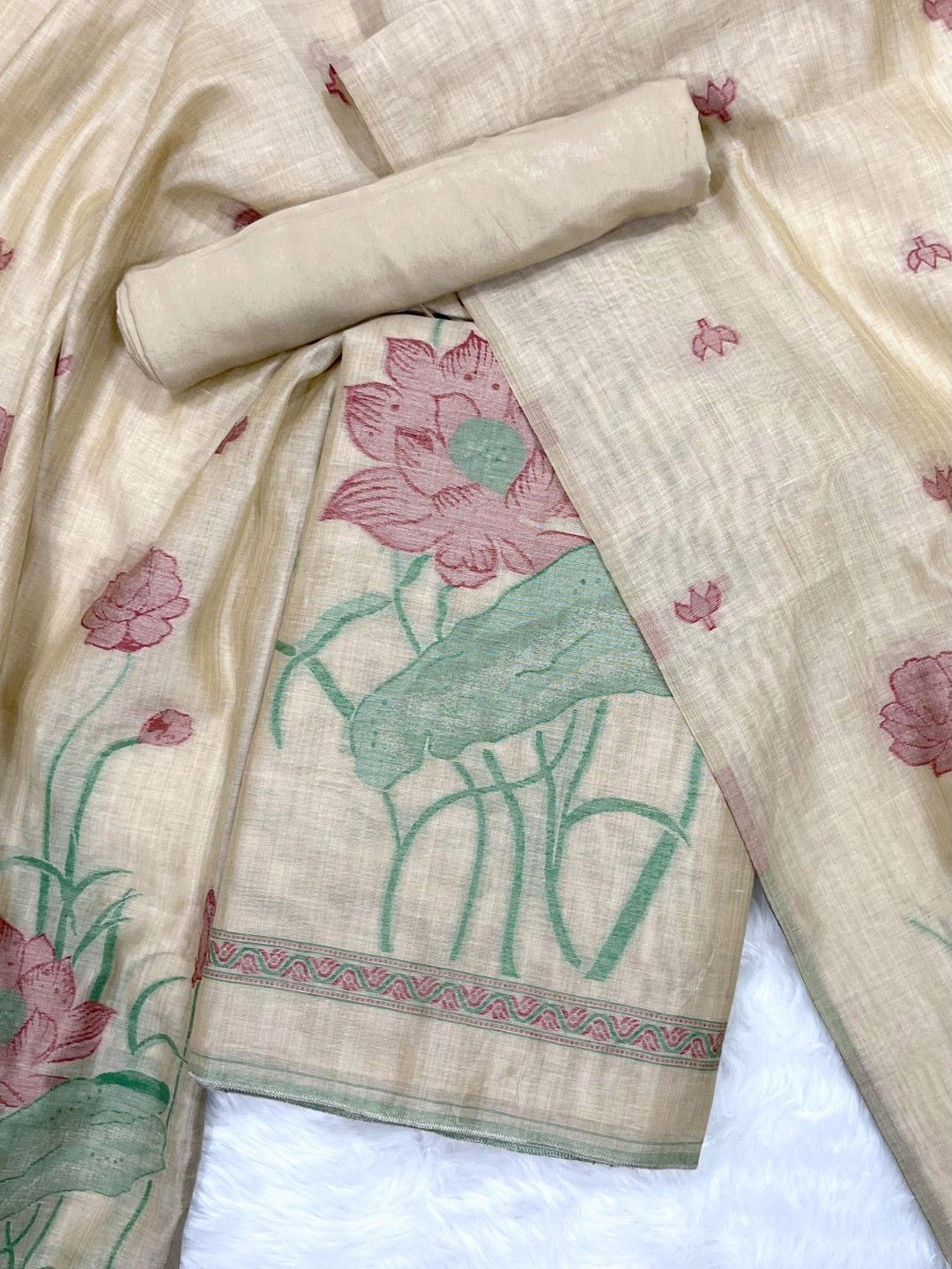 

ZARIMO Floral Woven Design Pure Cotton Unstitched Dress Material, Cream