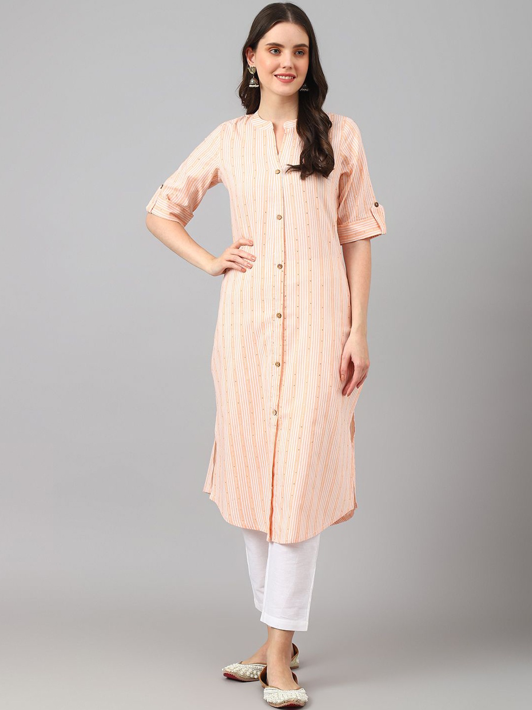 

KALINI Striped Printed Mandarin Collar Cotton Straight Kurta, Peach