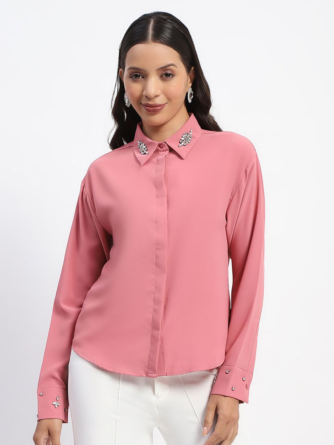 

Madame Women Spread Collar Solid Casual Shirt, Pink