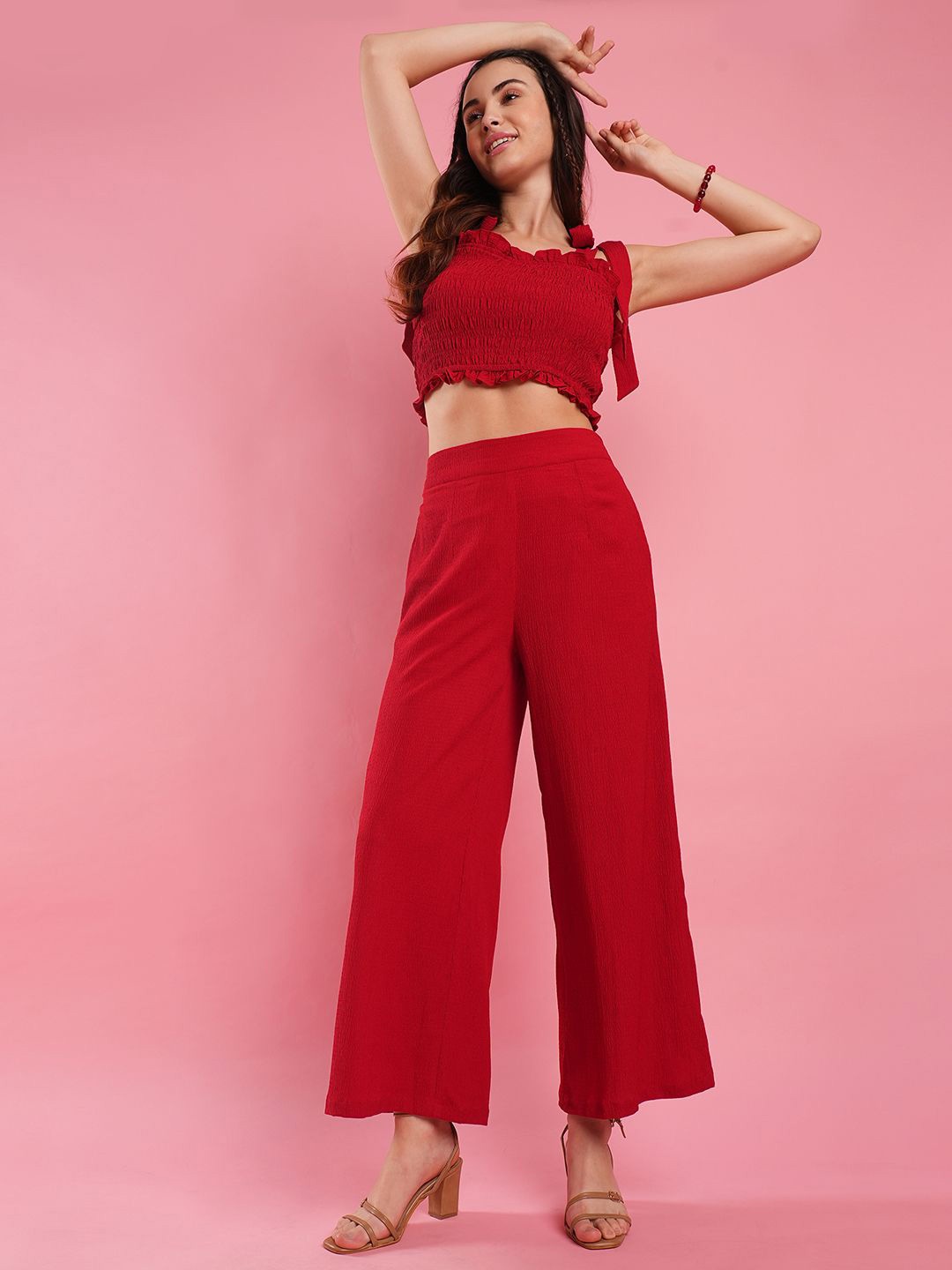 

Globus Shoulder Strapped Crop Top With Trouser, Red