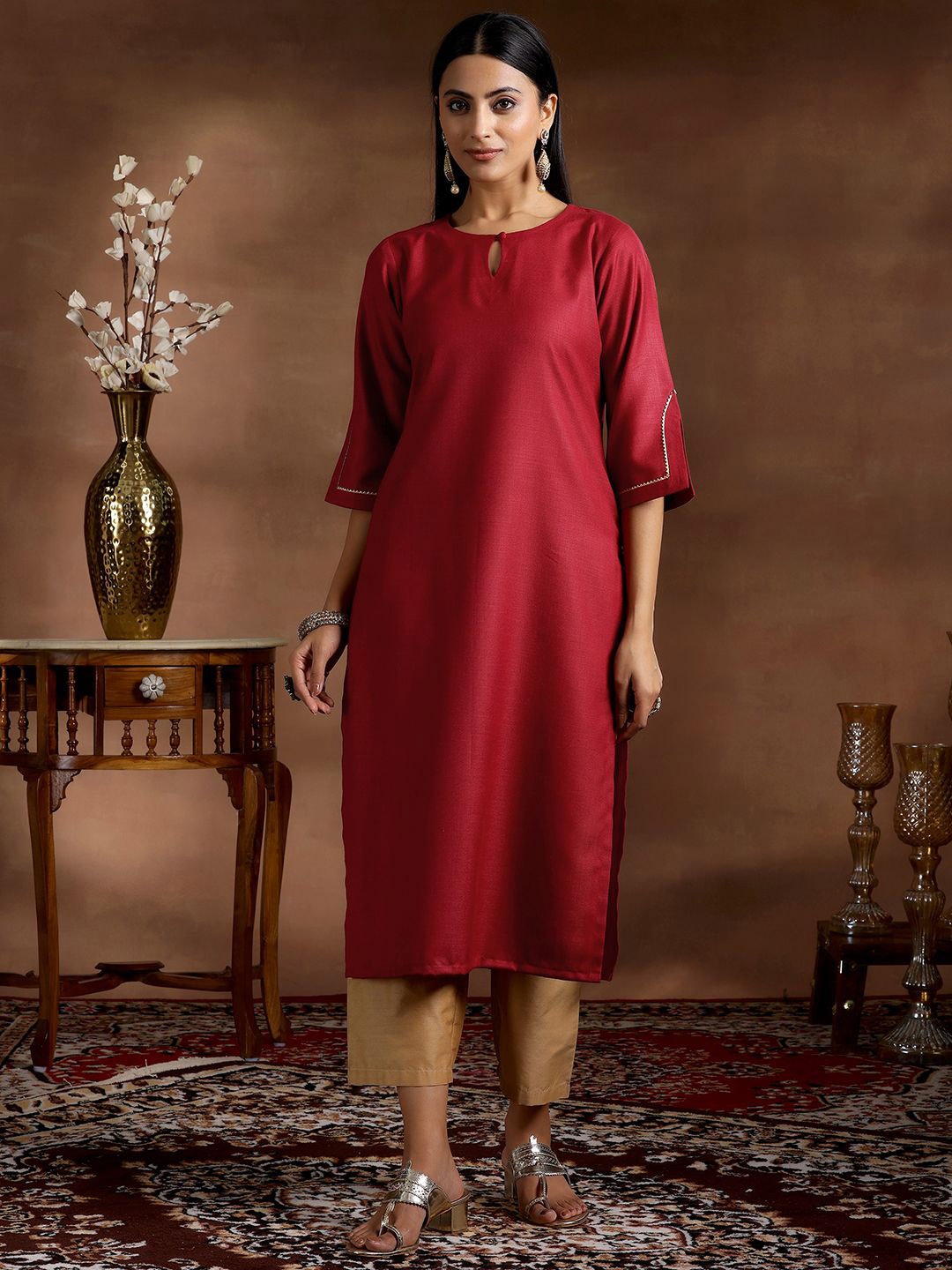 

Libas Keyhole Neck A-Line Kurta, Maroon