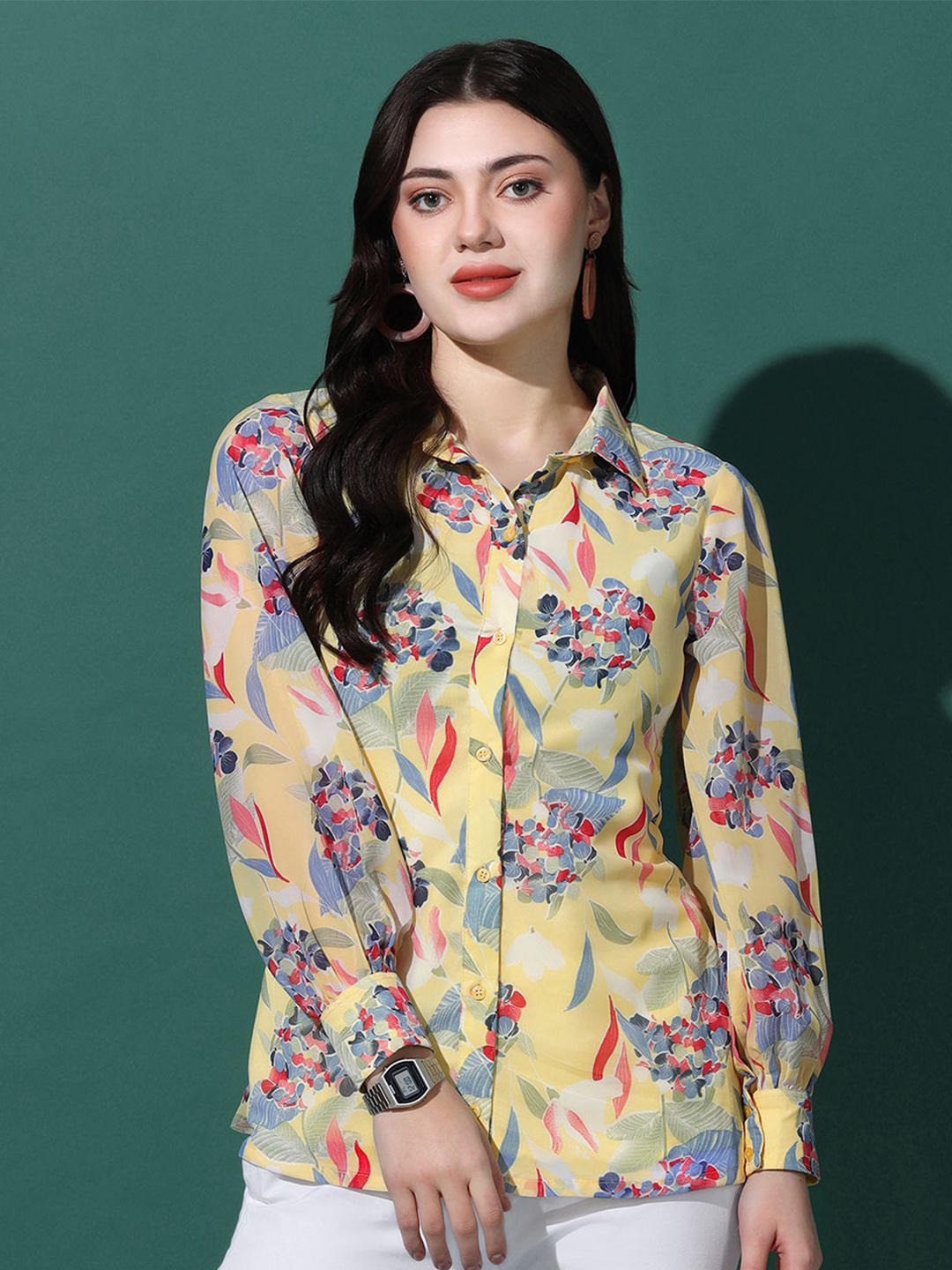 

FASHION DREAM Women Floral Printed Shirt Style Top, Yellow