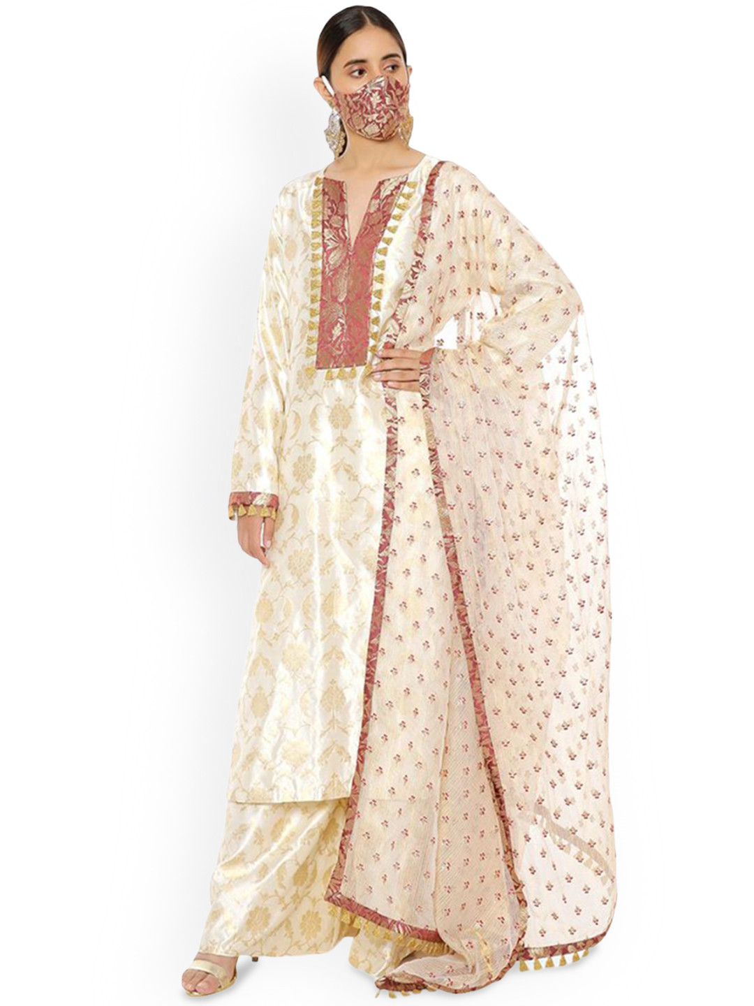 

Payal Singhal Ethnic Motifs Embroidered A Line Kurta & Palazzos With Dupatta, Cream