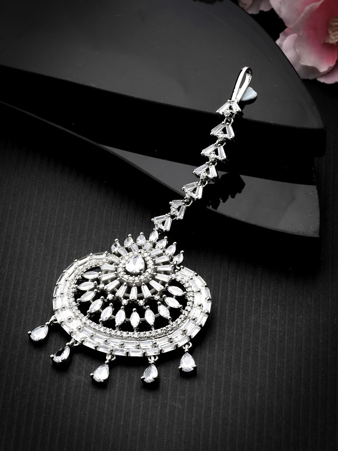

ZENEME Rhodium Plated American Diamond Studded Maang Tikka, Silver