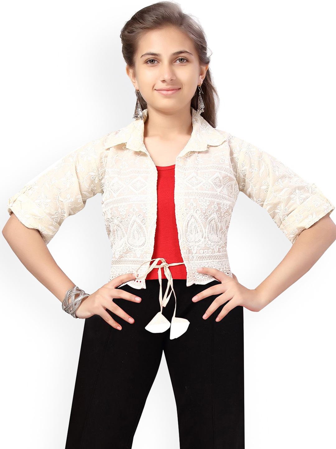

BAESD Girls Floral Cotton Windcheater Crop Tailored Jacket with Embroidered, Cream
