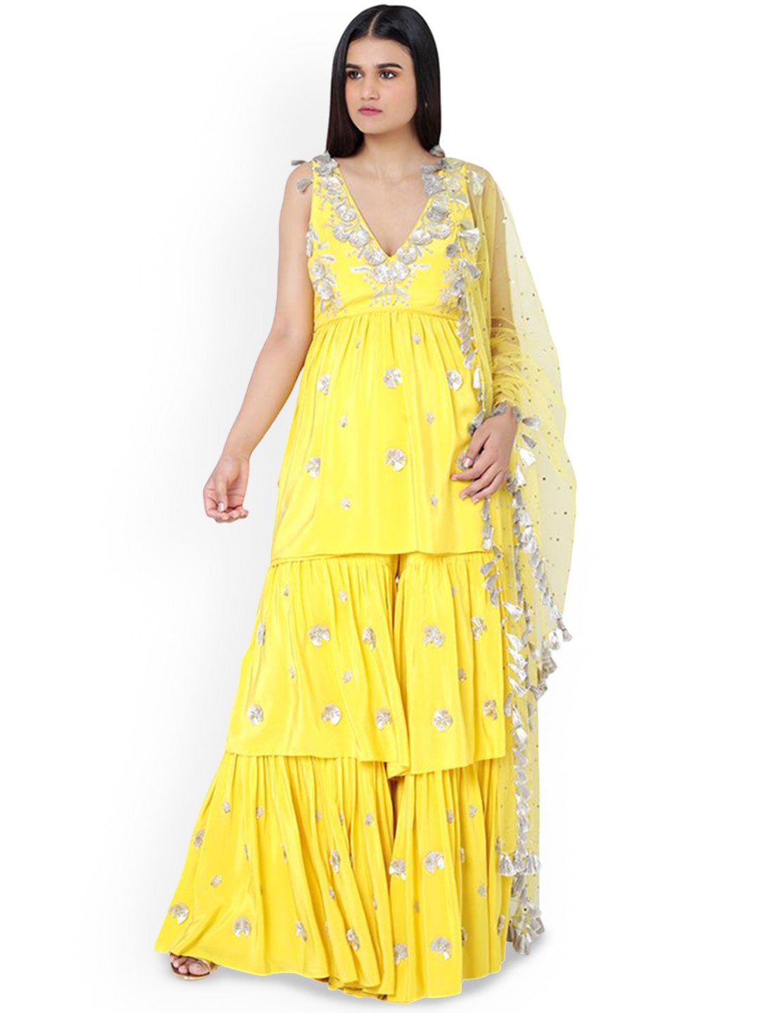 

Payal Singhal Floral Embroidered Regular A-Line Kurti with Palazzos & Dupatta, Yellow