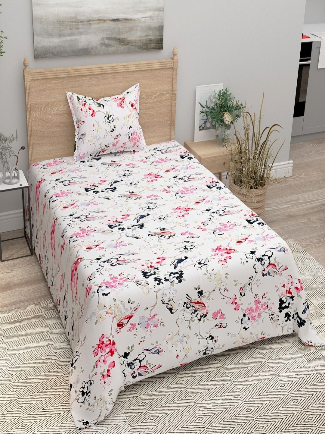 

Bombay Spreads White & Pink Floral 144 TC Pure Cotton Single Bedsheet with 1 Pillow Cover