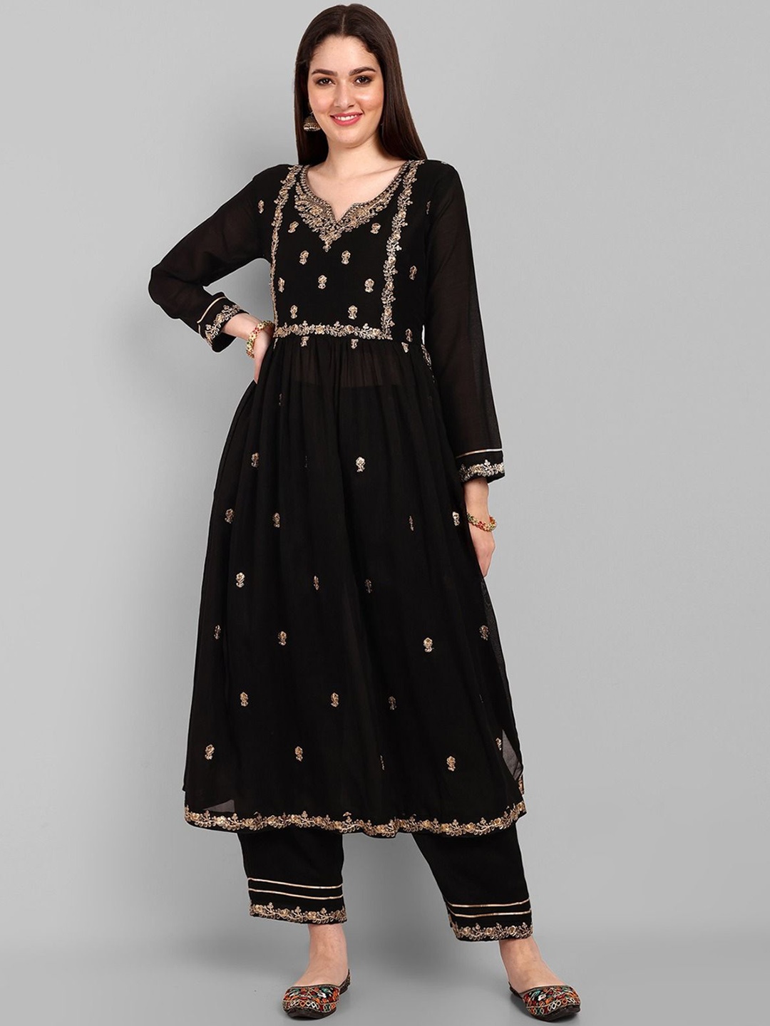 

KALINI Embroidered Notch Neck Thread Work Chanderi Silk A-Line Pleated Kurta With Trousers, Black
