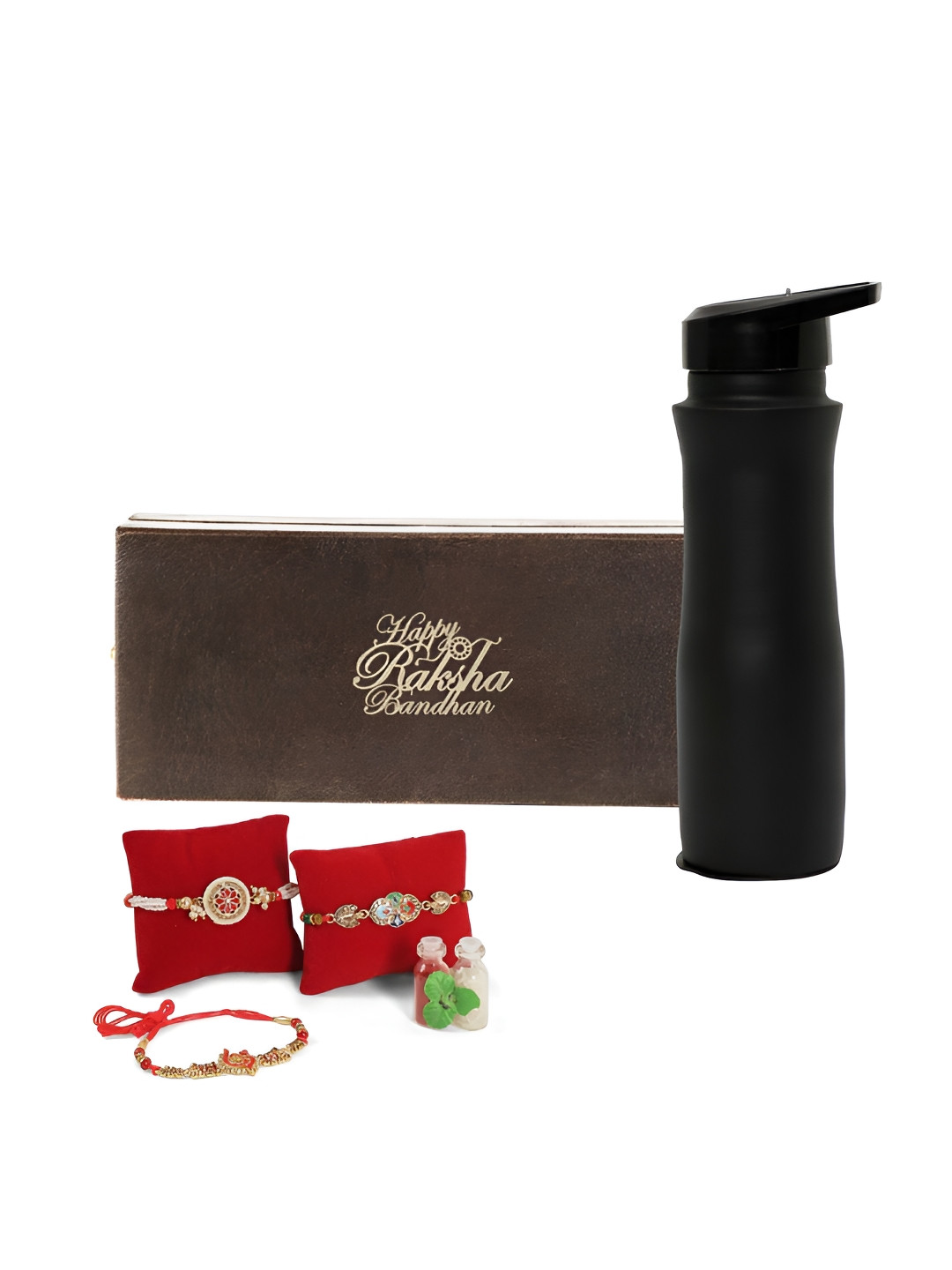 

INTERNATIONAL GIFT Set Of 4 Rakhis With Water Bottle & Roli Chawal, Red