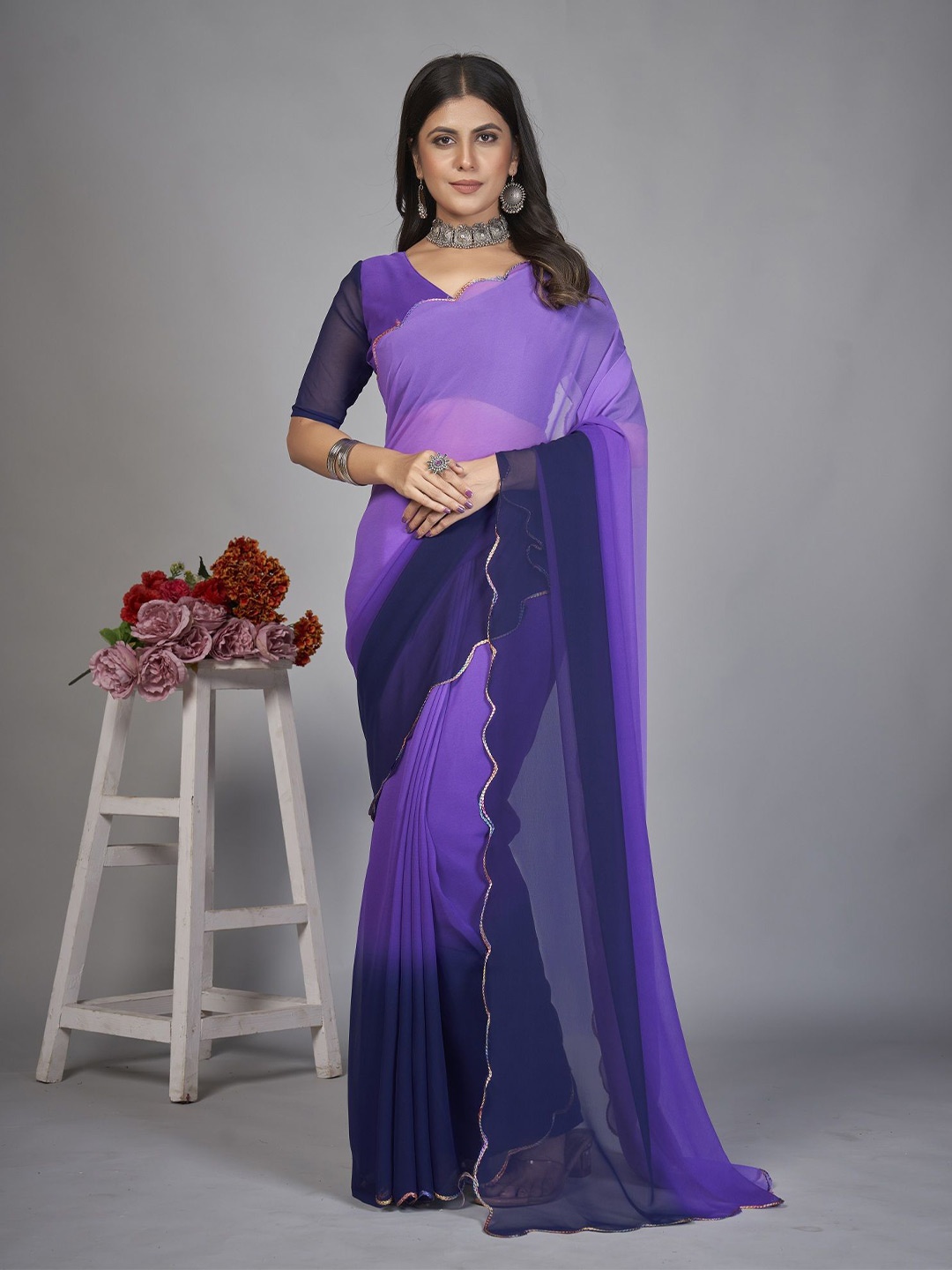 

LADY SHOPI Ombre Embroidered Pure Georgette Half and Half Saree, Purple