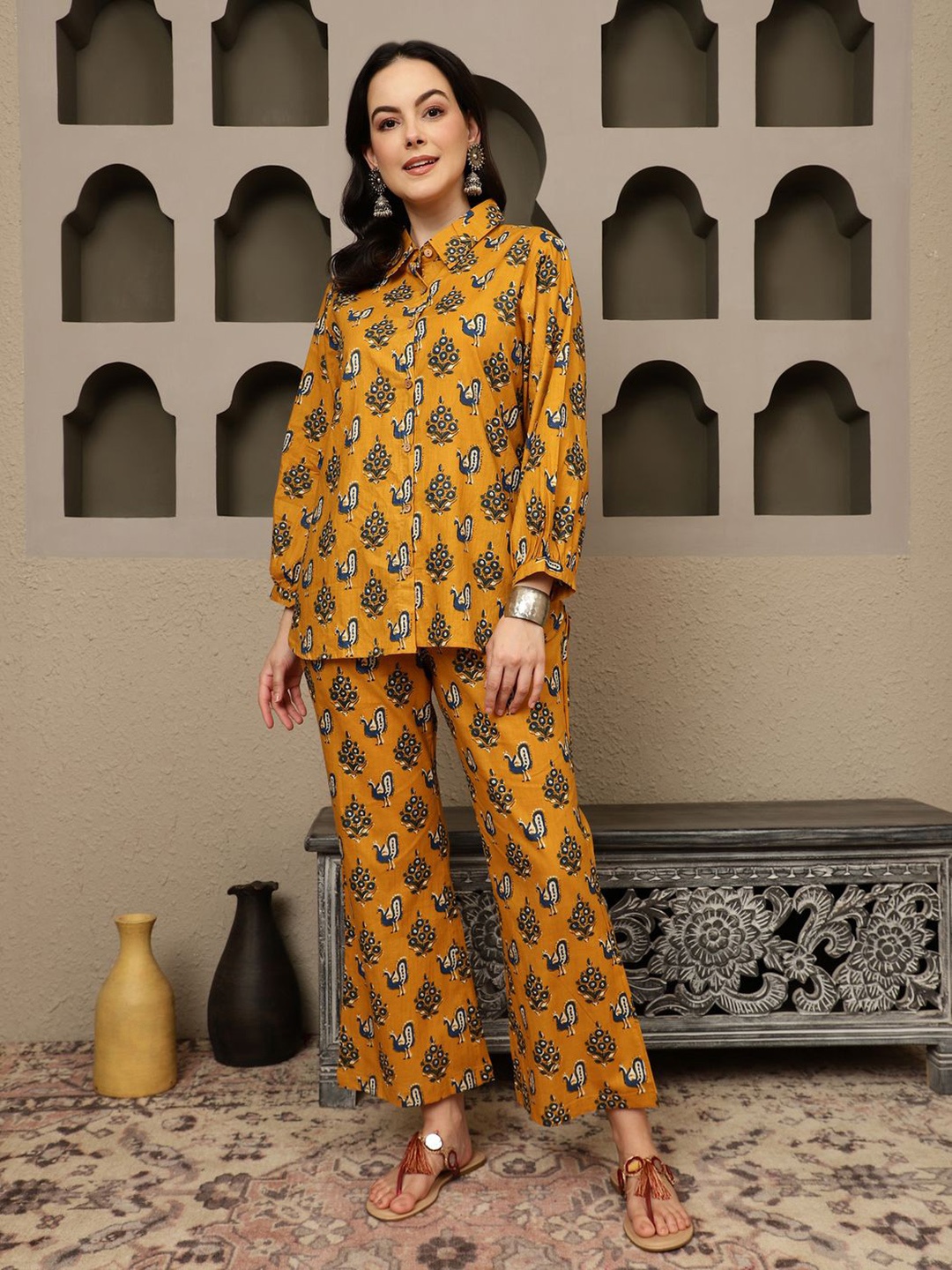 

Sangria Ethnic Motics Printed Shirt Collar Pure Cotton Shirt & Trousers, Mustard