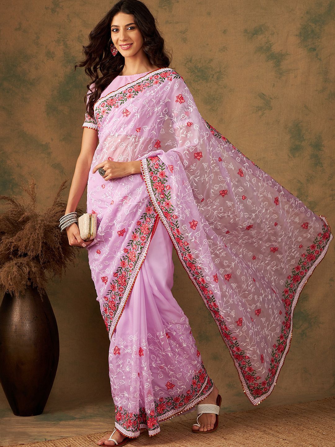 

SHADOW & SAINING Floral Beads and Stones Organza Saree, Lavender