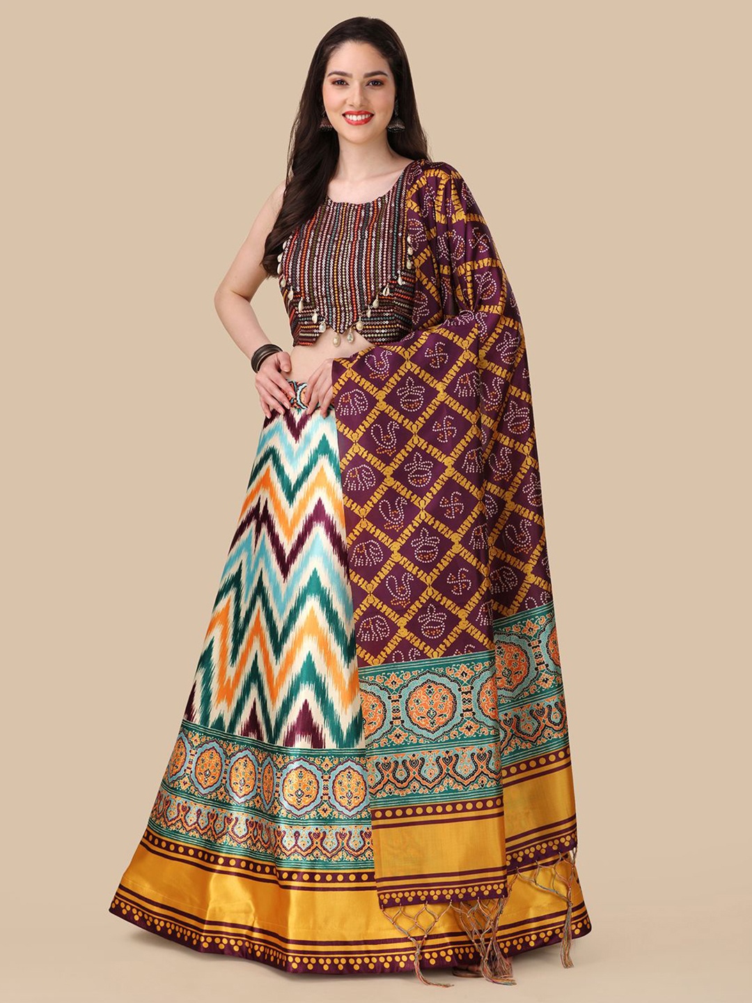 

Kaizen TEXO FAB Printed Semi-Stitched Lehenga & Unstitched Blouse With Dupatta, Maroon