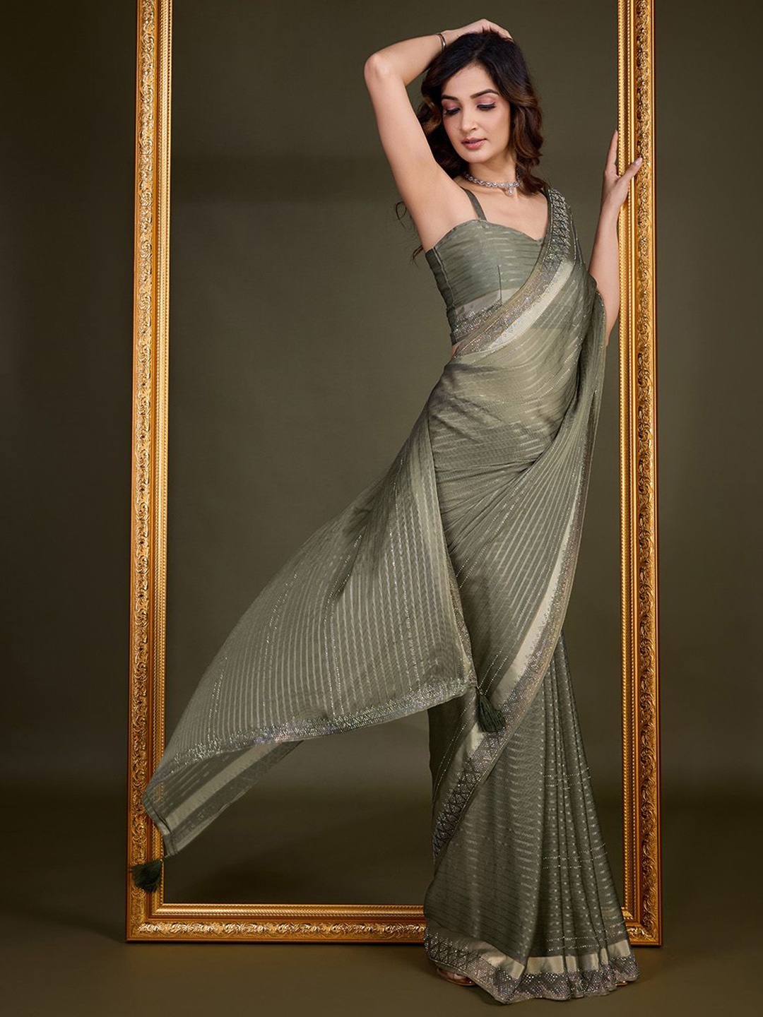 

Trendmalls Striped Embellished Beads and Stones Pure Chiffon Saree, Olive