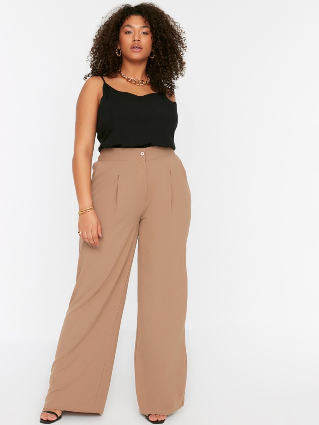 

Trendyol Women High Rise Pleated Trousers, Beige