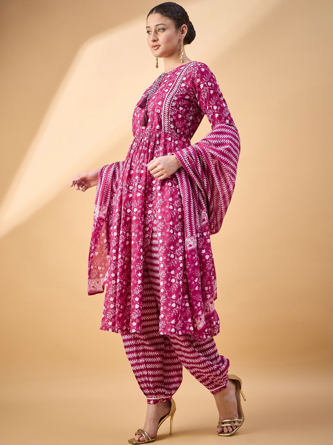 

all about you Floral Printed Empire Pure Cotton Anarkali Kurta With Salwar & Dupatta, Pink